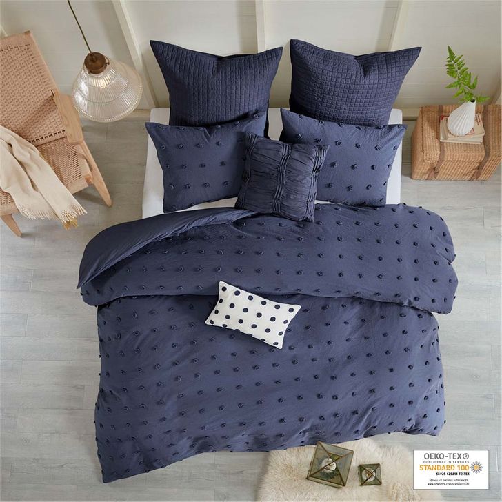 The appearance of Brooklyn Cotton 5Pcs Jaquard Twin Comforter Set In Indigo Blue designed by Olliix in the modern / contemporary interior design. This indigo blue piece of furniture  was selected by 1StopBedrooms from Brooklyn Collection to add a touch of cosiness and style into your home. Sku: UH10-2261. Material: Polyester. Bed Size: Twin. Product Type: Comforter Set. Image1