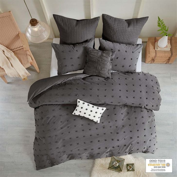 The appearance of Brooklyn Cotton 7Pcs Jaquard Queen Duvet Cover Set In Charcoal designed by Olliix in the modern / contemporary interior design. This charcoal piece of furniture  was selected by 1StopBedrooms from Brooklyn Collection to add a touch of cosiness and style into your home. Sku: UH12-2259. Material: Polyester. Bed Size: Queen. Product Type: Duvet Cover Set. Image1