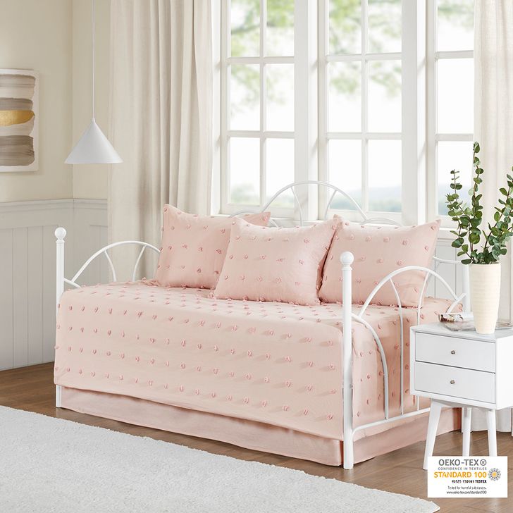 The appearance of Brooklyn Cotton Jacquard 5Pcs With Chenille Dots Daybed Set In Pink designed by Olliix in the modern / contemporary interior design. This pink piece of furniture  was selected by 1StopBedrooms from Brooklyn Collection to add a touch of cosiness and style into your home. Sku: UH13-2208. Material: Cotton. Product Type: Comforter Set. Image1