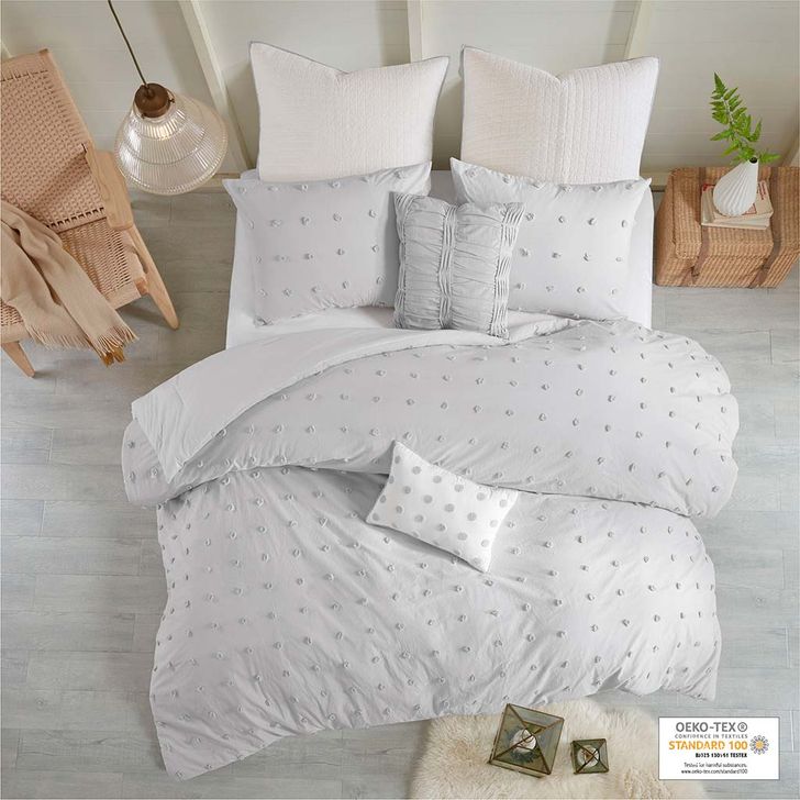 The appearance of Brooklyn Cotton Jaquard 5Pcs Twin Comforter Set With All Over Woven Cotton Dots In Grey designed by Olliix in the modern / contemporary interior design. This grey piece of furniture  was selected by 1StopBedrooms from Brooklyn Collection to add a touch of cosiness and style into your home. Sku: UH10-2159. Material: Polyester. Bed Size: Twin. Product Type: Comforter Set. Image1