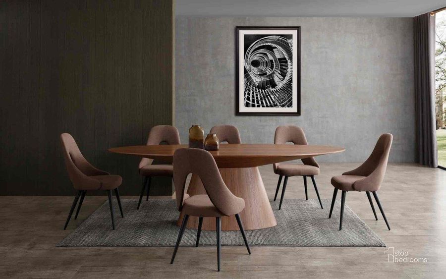 The appearance of Bruno Walnut Dining Table designed by Whiteline Modern Living in the modern / contemporary interior design. This walnut piece of furniture  was selected by 1StopBedrooms from Bruno Collection to add a touch of cosiness and style into your home. Sku: DT1474-WLT. Table Base Style: Pedestal. Table Top Shape: Oval. Material: Wood. Product Type: Dining Table. Image1
