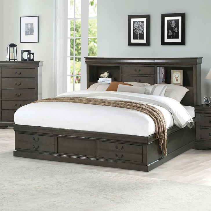 The appearance of Bryland Dark Gray Queen Bookcase Bed designed by Isaac Tahari in the transitional interior design. This dark gray piece of furniture  was selected by 1StopBedrooms from Bryland Collection to add a touch of cosiness and style into your home. Sku: 24930Q-HB;24931Q-FB;24932Q-R. Bed Type: Storage Bed. Material: Wood. Product Type: Storage Bed. Bed Size: Queen. Image1