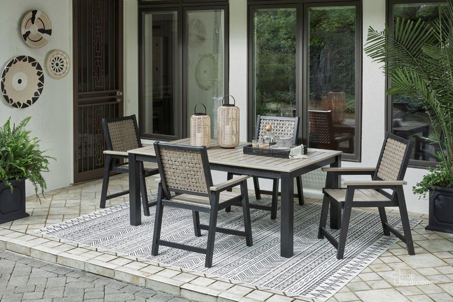The appearance of Brynley Driftwood/Black Outdoor Dining Furniture Set designed by FineForm in the modern / contemporary interior design. This driftwood/black piece of furniture  was selected by 1StopBedrooms from Brynley Collection to add a touch of cosiness and style into your home. Sku: P384-625;P384-603A. Table Top Shape: Rectangular. Product Type: Outdoor Dining Set. Image1