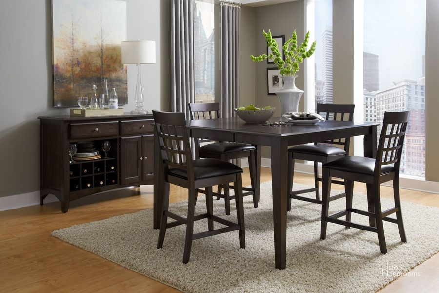 The appearance of Bristol Point 54" Warm Grey Brown Extendable Square Counter Height Dining Room Set designed by A-America in the transitional interior design. This brown piece of furniture  was selected by 1StopBedrooms from Bristol Point Collection to add a touch of cosiness and style into your home. Sku: BTLWG6750;BTLWG3732. Table Base Style: Legs. Table Top Shape: Square. Product Type: Dining Room Set. Material: Rubberwood. Image1