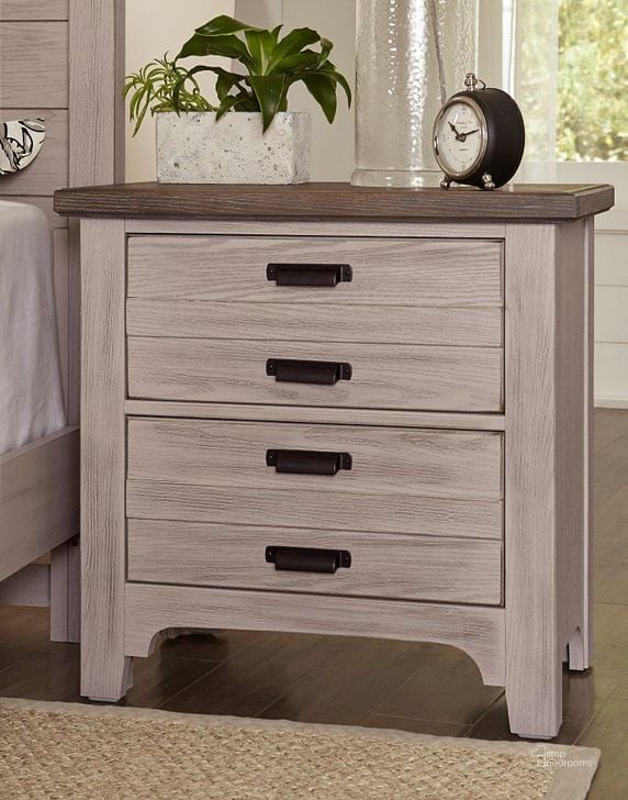The appearance of Bungalow Dover Grey/Folkstone 2 Drawer Nightstand designed by Vaughan Bassett in the transitional interior design. This dove gray piece of furniture  was selected by 1StopBedrooms from Bungalow Collection to add a touch of cosiness and style into your home. Sku: 741-227. Product Type: Nightstand.