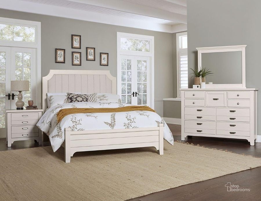 The appearance of Bungalow Lattice Upholstered Panel Bedroom Set designed by Vaughan Bassett in the transitional interior design. This white piece of furniture  was selected by 1StopBedrooms from Bungalow Collection to add a touch of cosiness and style into your home. Sku: 744-551;744-855A;744-922;744-226. Bed Type: Panel Bed. Product Type: Panel Bed. Bed Size: Queen. Image1