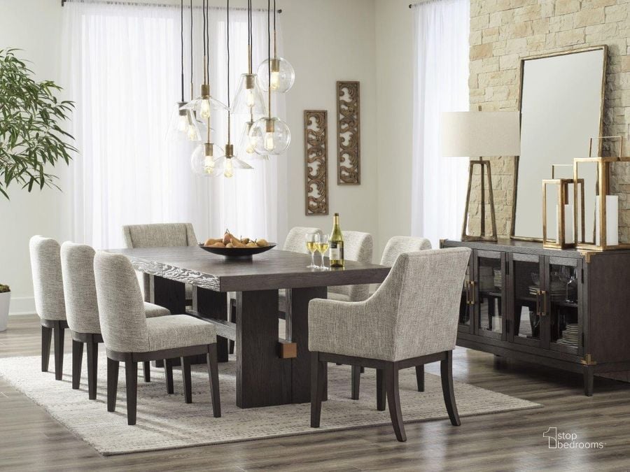The appearance of Burkhaus Dark Brown Extendable Rectangular Dining Room Set designed by Signature Design by Ashley in the modern / contemporary interior design. This dark brown piece of furniture  was selected by 1StopBedrooms from Burkhaus Collection to add a touch of cosiness and style into your home. Sku: D984-45;D984-01. Table Base Style: Trestle. Material: Wood. Product Type: Dining Room Set. Table Top Shape: Rectangular. Image1