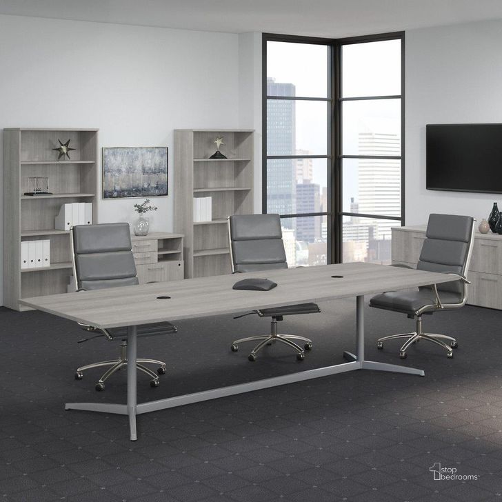 The appearance of Bush Business Furniture 120W x 48D Boat Shaped Conference Table with Metal Base in Platinum Gray designed by Bush Furniture in the industrial interior design. This gray piece of furniture  was selected by 1StopBedrooms from Conference Tables Collection to add a touch of cosiness and style into your home. Sku: 99TBM120PGSVK. Material: Wood. Product Type: Conference Table. Image1