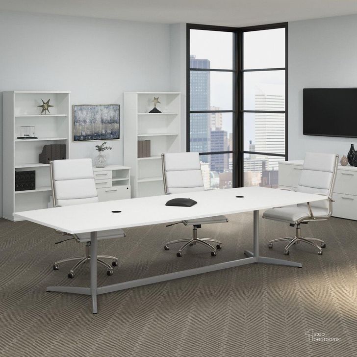 The appearance of Bush Business Furniture 120W x 48D Boat Shaped Conference Table with Metal Base in White designed by Bush Furniture in the industrial interior design. This white piece of furniture  was selected by 1StopBedrooms from Conference Tables Collection to add a touch of cosiness and style into your home. Sku: 99TBM120WHSVK. Material: Wood. Product Type: Conference Table. Image1
