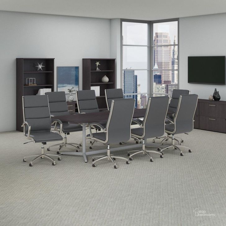 The appearance of Bush Business Furniture 96W x 42D Boat Shaped Conference Table with Metal Base and Set of 8 High Back Office Chairs in Storm Gray designed by Bush Furniture in the transitional interior design. This gray piece of furniture  was selected by 1StopBedrooms from Conference Tables Collection to add a touch of cosiness and style into your home. Sku: CTB001SG. Material: Wood. Product Type: Conference Table. Image1