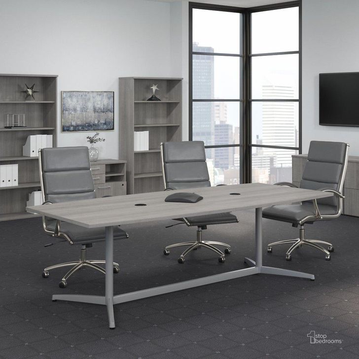 The appearance of Bush Business Furniture 96W x 42D Boat Shaped Conference Table with Metal Base in Platinum Gray designed by Bush Furniture in the transitional interior design. This gray piece of furniture  was selected by 1StopBedrooms from Conference Tables Collection to add a touch of cosiness and style into your home. Sku: 99TBM96PGSVK. Material: Wood. Product Type: Conference Table. Image1