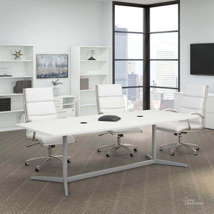 The appearance of Bush Business Furniture 96W x 42D Boat Shaped Conference Table with Metal Base in White designed by Bush Furniture in the transitional interior design. This white piece of furniture  was selected by 1StopBedrooms from Conference Tables Collection to add a touch of cosiness and style into your home. Sku: 99TBM96WHSVK. Material: Wood. Product Type: Conference Table. Image1