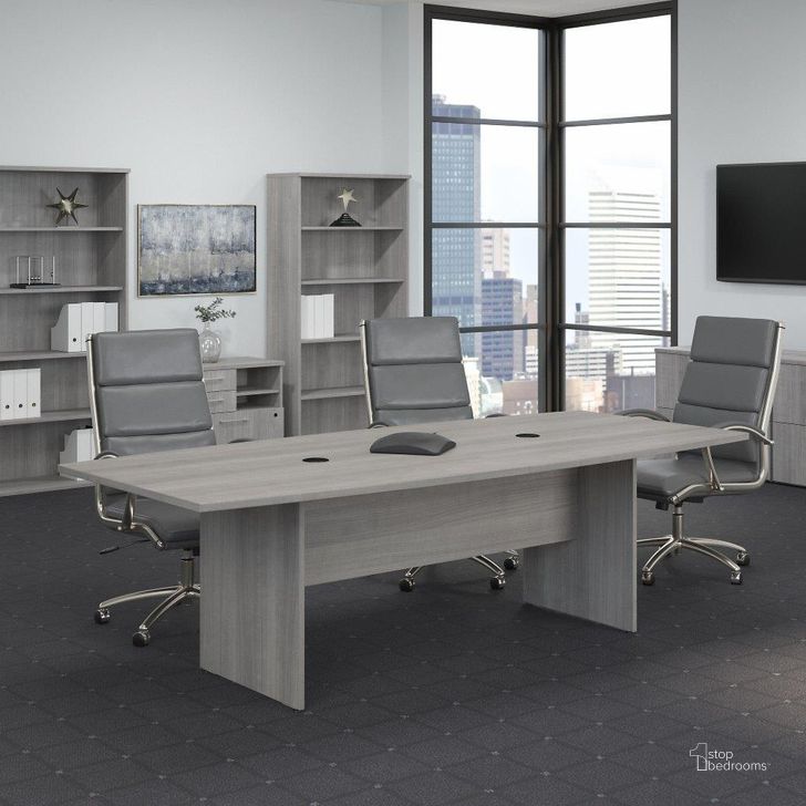 The appearance of Bush Business Furniture 96W x 42D Boat Shaped Conference Table with Wood Base in Platinum Gray designed by Bush Furniture in the transitional interior design. This gray piece of furniture  was selected by 1StopBedrooms from Conference Tables Collection to add a touch of cosiness and style into your home. Sku: 99TB9642PGK. Material: Wood. Product Type: Conference Table. Image1