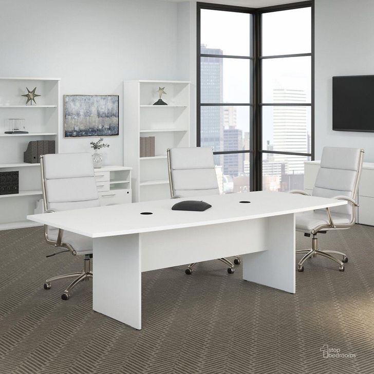 The appearance of Bush Business Furniture 96W x 42D Boat Shaped Conference Table with Wood Base in White designed by Bush Furniture in the transitional interior design. This white piece of furniture  was selected by 1StopBedrooms from Conference Tables Collection to add a touch of cosiness and style into your home. Sku: 99TB9642WHK. Material: Wood. Product Type: Conference Table. Image1