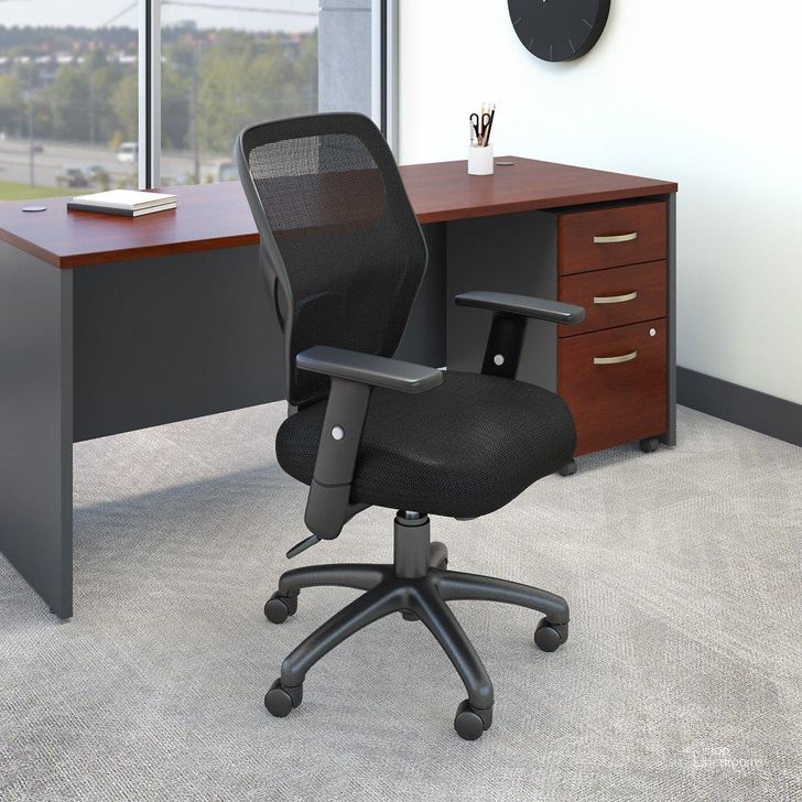 The appearance of Bush Business Furniture Accord Mesh Back Office Chair in Black designed by Bush Furniture in the modern / contemporary interior design. This black piece of furniture  was selected by 1StopBedrooms from Seating Collection to add a touch of cosiness and style into your home. Sku: CH1205BLF-03. Material: Fabric. Product Type: Office Chair. Image1