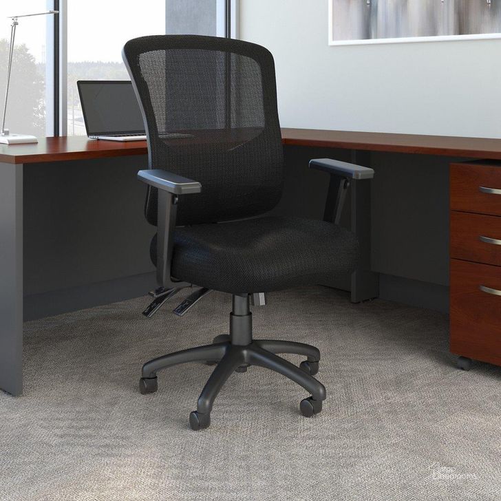 The appearance of Bush Business Furniture Custom Comfort High Back Multifunction Mesh Executive Office Chair in Black designed by Bush Furniture in the transitional interior design. This black piece of furniture  was selected by 1StopBedrooms from Seating Collection to add a touch of cosiness and style into your home. Sku: CH1303BLF-03. Material: Fabric. Product Type: Office Chair. Image1