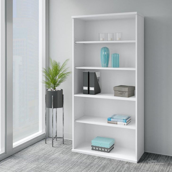 The appearance of Bush Business Furniture Easy Office 5 Shelf Bookcase in Pure White designed by Bush Furniture in the modern / contemporary interior design. This white piece of furniture  was selected by 1StopBedrooms from Easy Office Collection to add a touch of cosiness and style into your home. Sku: EO105WH. Material: Wood. Product Type: Bookcase. Image1