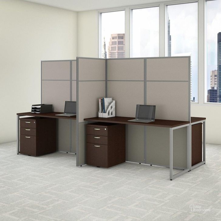 The appearance of Bush Business Furniture Easy Office 60W 4 Person Cubicle Desk with File Cabinets and 66H Panels in Mocha Cherry designed by Bush Furniture in the transitional interior design. This cherry piece of furniture  was selected by 1StopBedrooms from Easy Office Collection to add a touch of cosiness and style into your home. Sku: EODH66SMR-03K. Material: Wood. Product Type: Desk. Image1