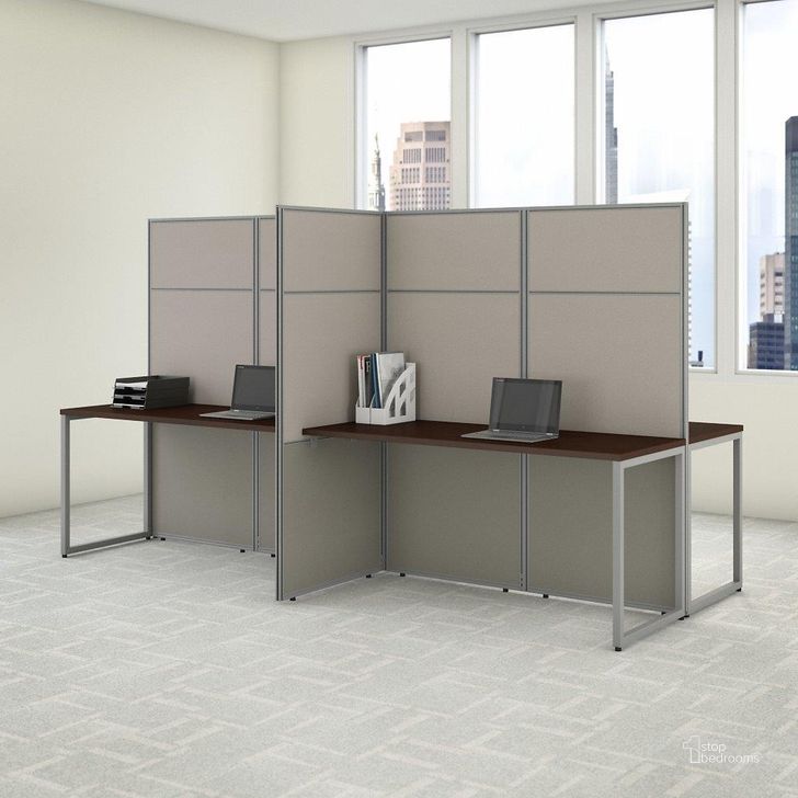 The appearance of Bush Business Furniture Easy Office 60W 4 Person Cubicle Desk Workstation with 66H Panels in Mocha Cherry designed by Bush Furniture in the transitional interior design. This cherry piece of furniture  was selected by 1StopBedrooms from Easy Office Collection to add a touch of cosiness and style into your home. Sku: EODH660MR-03K. Material: Wood. Product Type: Work Station. Image1