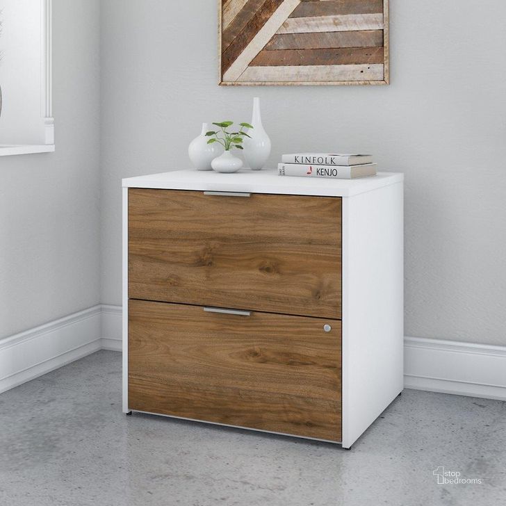 The appearance of Bush Business Furniture Jamestown 2 Drawer Lateral File Cabinet in White and Fresh Walnut designed by Bush Furniture in the modern / contemporary interior design. This walnut and white piece of furniture  was selected by 1StopBedrooms from Jamestown Collection to add a touch of cosiness and style into your home. Sku: JTF130FWWHSU. Material: Wood. Product Type: Lateral Filing Cabinet. Image1