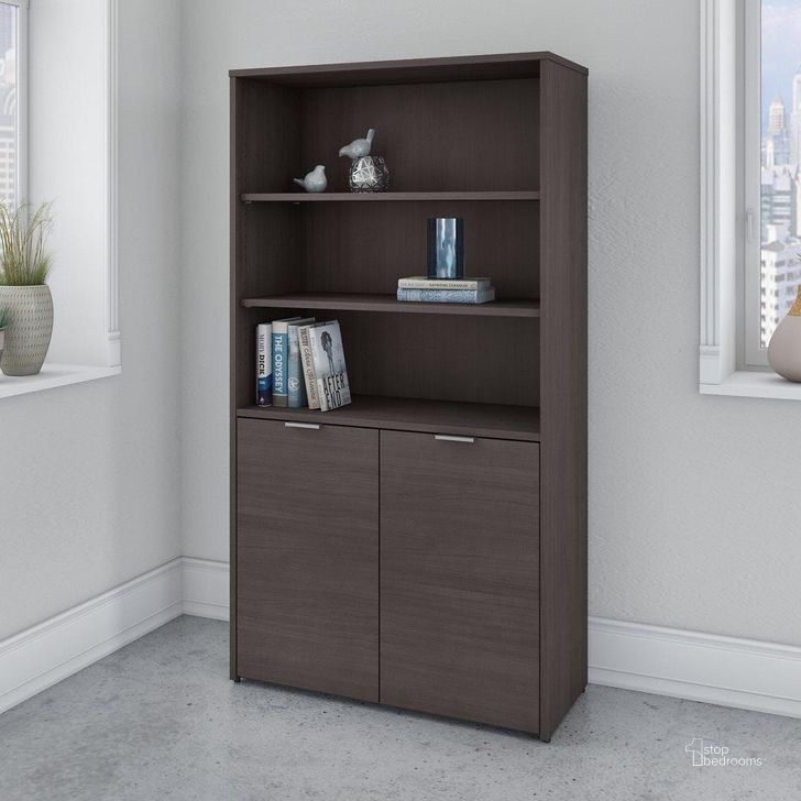 The appearance of Bush Business Furniture Jamestown 5 Shelf Bookcase with Doors in Storm Gray designed by Bush Furniture in the modern / contemporary interior design. This gray piece of furniture  was selected by 1StopBedrooms from Jamestown Collection to add a touch of cosiness and style into your home. Sku: JTB136SG. Material: Wood. Product Type: Bookcase. Image1