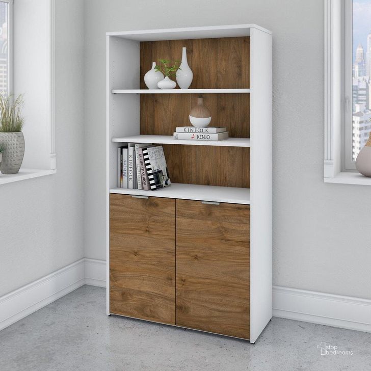 The appearance of Bush Business Furniture Jamestown 5 Shelf Bookcase with Doors in White and Fresh Walnut designed by Bush Furniture in the modern / contemporary interior design. This walnut and white piece of furniture  was selected by 1StopBedrooms from Jamestown Collection to add a touch of cosiness and style into your home. Sku: JTB136FWWH. Material: Wood. Product Type: Bookcase. Image1