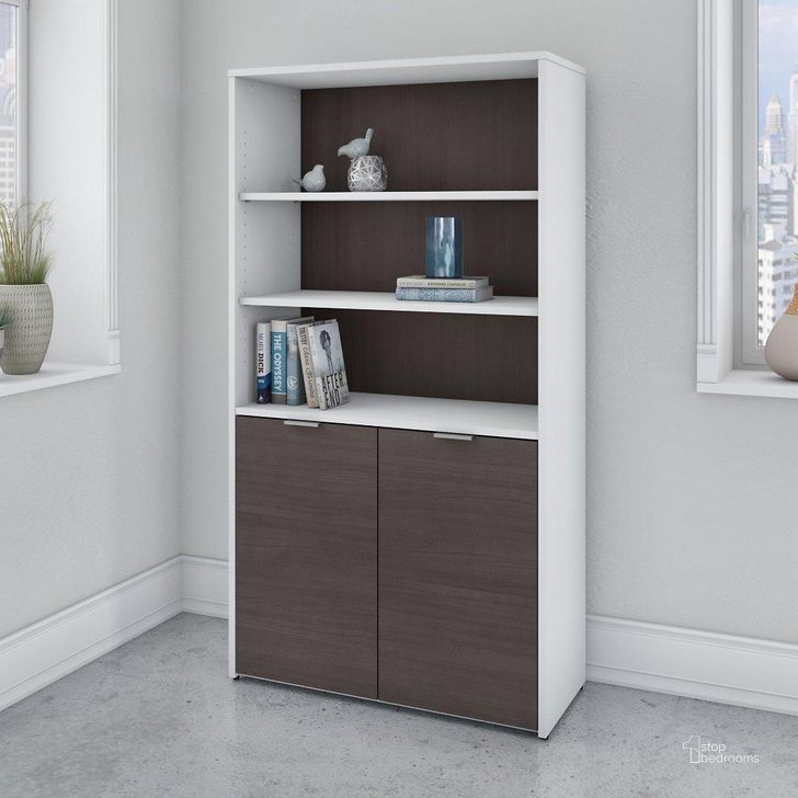 The appearance of Bush Business Furniture Jamestown 5 Shelf Bookcase with Doors in White and Storm Gray designed by Bush Furniture in the modern / contemporary interior design. This gray and white piece of furniture  was selected by 1StopBedrooms from Jamestown Collection to add a touch of cosiness and style into your home. Sku: JTB136SGWH. Material: Wood. Product Type: Bookcase. Image1