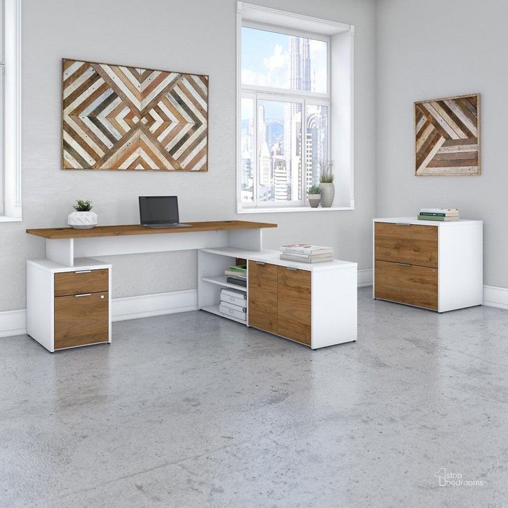 The appearance of Bush Business Furniture Jamestown 72W L Shaped Desk with Drawers and Lateral File Cabinet in White and Fresh Walnut designed by Bush Furniture in the modern / contemporary interior design. This walnut and white piece of furniture  was selected by 1StopBedrooms from Jamestown Collection to add a touch of cosiness and style into your home. Sku: JTN010FWWHSU. Product Type: Desk. Image1