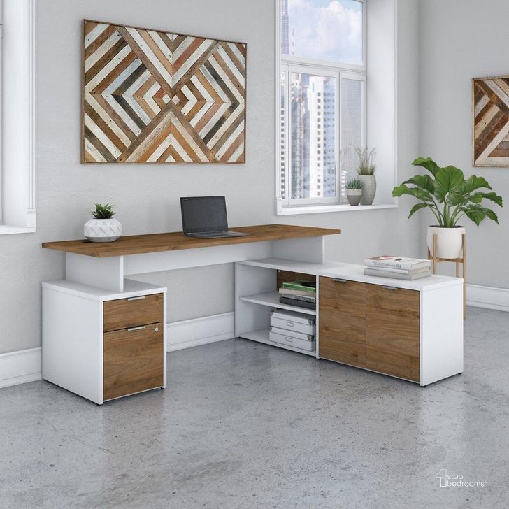 The appearance of Bush Business Furniture Jamestown 72W L Shaped Desk with Drawers in White and Fresh Walnut designed by Bush Furniture in the modern / contemporary interior design. This walnut and white piece of furniture  was selected by 1StopBedrooms from Jamestown Collection to add a touch of cosiness and style into your home. Sku: JTN009FWWHSU. Material: Wood. Product Type: Desk. Image1