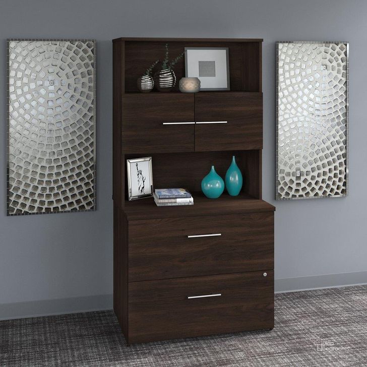 The appearance of Bush Business Furniture Office 500 36W 2 Drawer Lateral File Cabinet with Hutch in Black Walnut designed by Bush Furniture in the modern / contemporary interior design. This black walnut piece of furniture  was selected by 1StopBedrooms from Office 500 Collection to add a touch of cosiness and style into your home. Sku: OF5007BWSU. Product Type: Lateral Filing Cabinet. Image1
