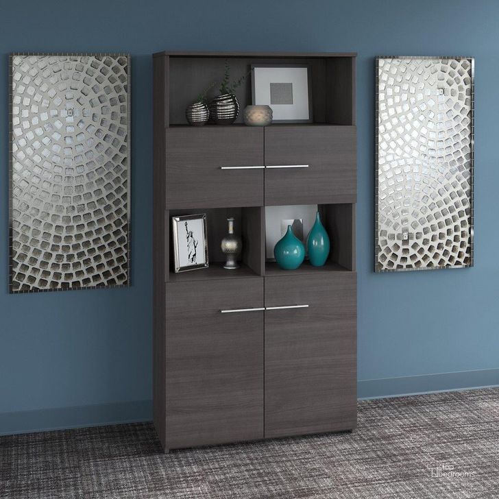 The appearance of Bush Business Furniture Office 500 5 Shelf Bookcase with Doors in Storm Gray designed by Bush Furniture in the modern / contemporary interior design. This gray piece of furniture  was selected by 1StopBedrooms from Office 500 Collection to add a touch of cosiness and style into your home. Sku: OFB136SG. Product Type: Bookcase. Image1