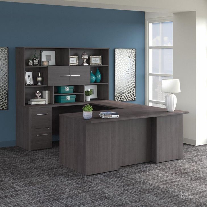 The appearance of Bush Business Furniture Office 500 72W U Shaped Executive Desk with Drawers and Hutch in Storm Gray designed by Bush Furniture in the modern / contemporary interior design. This gray piece of furniture  was selected by 1StopBedrooms from Office 500 Collection to add a touch of cosiness and style into your home. Sku: OF5003SGSU. Product Type: Desk & Hutch. Image1