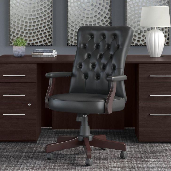 The appearance of Bush Business Furniture Office 500 High Back Tufted Desk Chair with Arms in Black Leather designed by Bush Furniture in the transitional interior design. This black leather piece of furniture  was selected by 1StopBedrooms from Office 500 Collection to add a touch of cosiness and style into your home. Sku: OFCH2303BLL-Z. Material: Wood. Product Type: Desk Chair. Image1