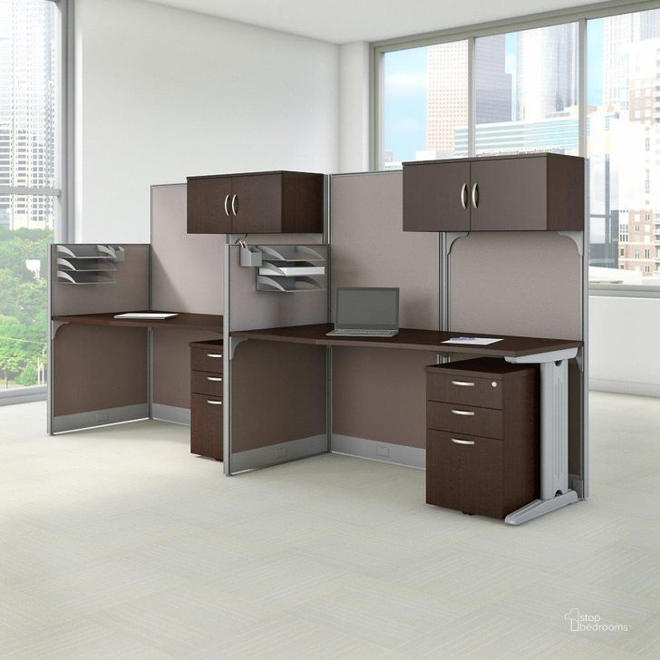 The appearance of Bush Business Furniture Office in An Hour 2 Person Cubicle Workstations in Mocha Cherry designed by Bush Furniture in the transitional interior design. This mocha cherry piece of furniture  was selected by 1StopBedrooms from Office In An Hour Collection to add a touch of cosiness and style into your home. Sku: OIAH005MR. Product Type: Work Station. Image1
