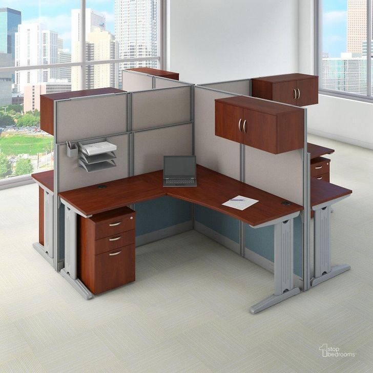 The appearance of Bush Business Furniture Office in An Hour 4 Person L Shaped Cubicle Workstations in Hansen Cherry designed by Bush Furniture in the transitional interior design. This hansen cherry piece of furniture  was selected by 1StopBedrooms from Office In An Hour Collection to add a touch of cosiness and style into your home. Sku: OIAH007HC. Product Type: Work Station. Image1