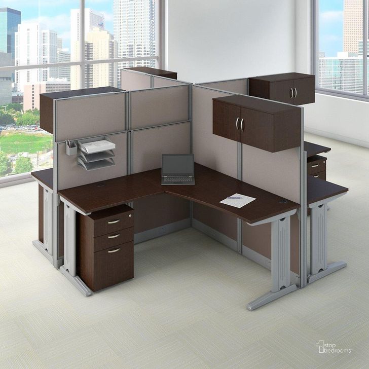 The appearance of Bush Business Furniture Office in An Hour 4 Person L Shaped Cubicle Workstations in Mocha Cherry designed by Bush Furniture in the transitional interior design. This mocha cherry piece of furniture  was selected by 1StopBedrooms from Office In An Hour Collection to add a touch of cosiness and style into your home. Sku: OIAH007MR. Product Type: Work Station. Image1