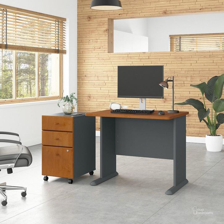 The appearance of Bush Business Furniture Series A 36W Desk with Mobile File Cabinet in Natural Cherry and Slate designed by Bush Furniture in the transitional interior design. This brown and gray piece of furniture  was selected by 1StopBedrooms from Series A Collection to add a touch of cosiness and style into your home. Sku: SRA024NCSU. Product Type: Desk. Image1