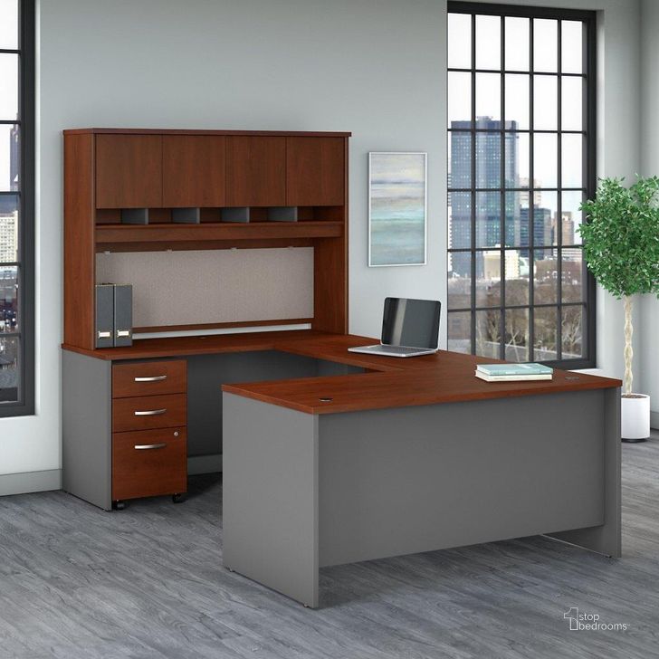 The appearance of Bush Business Furniture Series C 60W U Shaped Desk with Hutch and Mobile File Cabinet in Hansen Cherry designed by Bush Furniture in the transitional interior design. This hansen cherry piece of furniture  was selected by 1StopBedrooms from Series C Collection to add a touch of cosiness and style into your home. Sku: SRC149HCSU. Product Type: Desk & Hutch. Image1