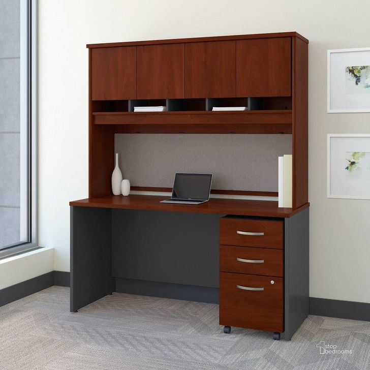 The appearance of Bush Business Furniture Series C 60W x 24D Office Desk with Hutch and Mobile File Cabinet in Hansen Cherry designed by Bush Furniture in the transitional interior design. This hansen cherry piece of furniture  was selected by 1StopBedrooms from Series C Collection to add a touch of cosiness and style into your home. Sku: SRC014HCSU. Product Type: Desk & Hutch. Image1