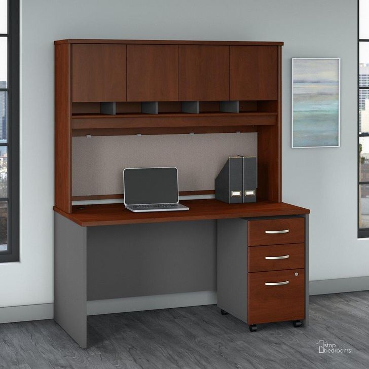 The appearance of Bush Business Furniture Series C 60W x 30D Office Desk with Hutch and Mobile File Cabinet in Hansen Cherry designed by Bush Furniture in the transitional interior design. This hansen cherry piece of furniture  was selected by 1StopBedrooms from Series C Collection to add a touch of cosiness and style into your home. Sku: SRC145HCSU. Product Type: Desk & Hutch. Image1