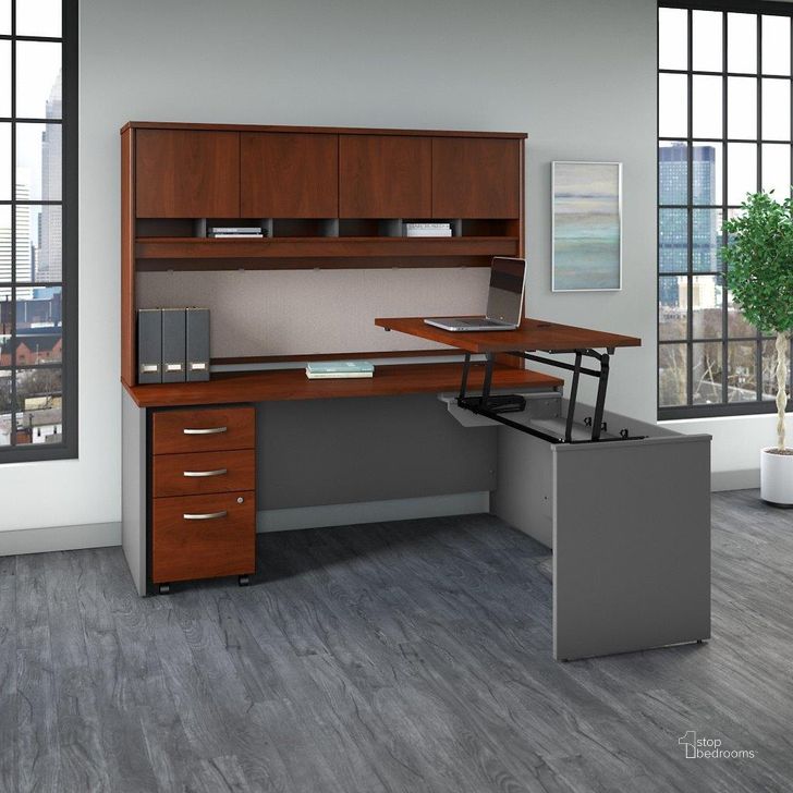 The appearance of Series C 72W x 30D 3 Position Sit To Stand L Shaped Desk with Hutch and Mobile File Cabinet in Hansen Cherry/Graphite Gray designed by Bush Furniture in the transitional interior design. This hansen cherry piece of furniture  was selected by 1StopBedrooms from Series C Collection to add a touch of cosiness and style into your home. Sku: SRC124HCSU. Product Type: Desk & Hutch. Image1