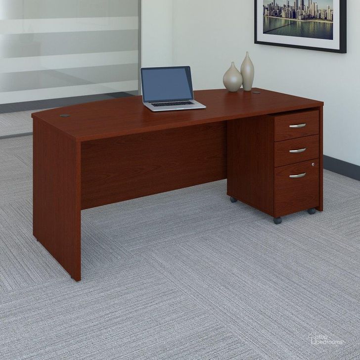 The appearance of Bush Business Furniture Series C 72W x 36D Bow Front Desk with Mobile File Cabinet in Mahogany designed by Bush Furniture in the transitional interior design. This mahogany piece of furniture  was selected by 1StopBedrooms from Series C Collection to add a touch of cosiness and style into your home. Sku: SRC079MASU. Product Type: Desk. Image1
