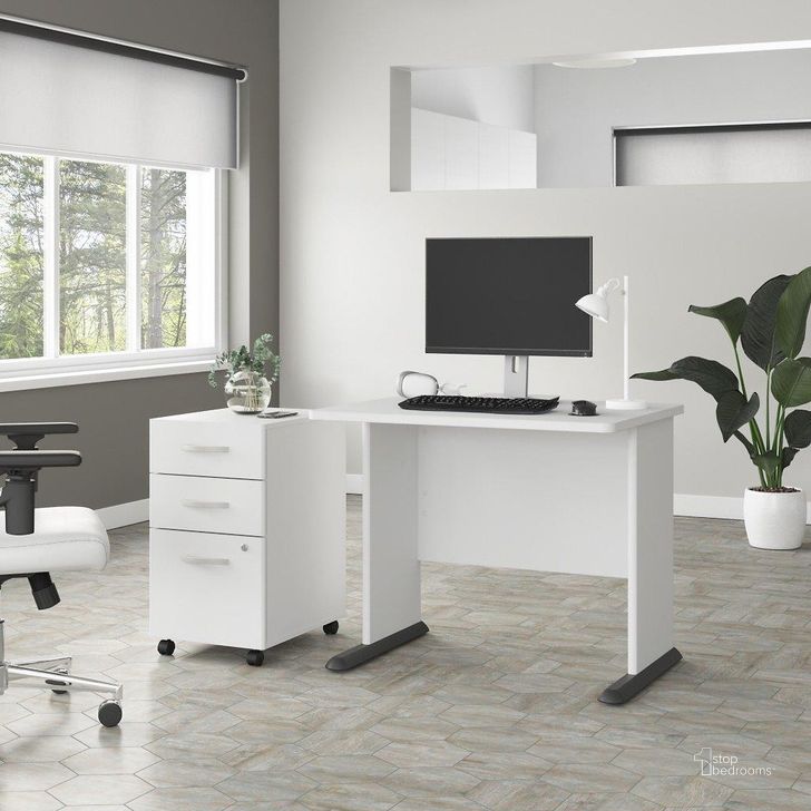 The appearance of Bush Business Furniture Studio A 36W Small Computer Desk with 3 Drawer Mobile File Cabinet in White designed by Bush Furniture in the transitional interior design. This white piece of furniture  was selected by 1StopBedrooms from Studio A Collection to add a touch of cosiness and style into your home. Sku: STA005WHSU. Product Type: Computer Desk. Image1