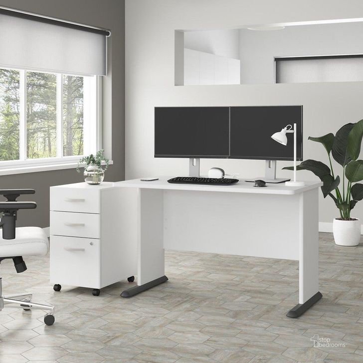 The appearance of Bush Business Furniture Studio A 48W Computer Desk with 3 Drawer Mobile File Cabinet in White designed by Bush Furniture in the transitional interior design. This white piece of furniture  was selected by 1StopBedrooms from Studio A Collection to add a touch of cosiness and style into your home. Sku: STA001WHSU. Product Type: Computer Desk. Image1