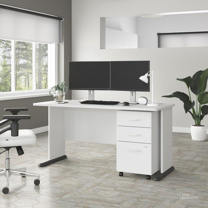 The appearance of Bush Business Furniture Studio A 60W Computer Desk with 3 Drawer Mobile File Cabinet in White designed by Bush Furniture in the transitional interior design. This white piece of furniture  was selected by 1StopBedrooms from Studio A Collection to add a touch of cosiness and style into your home. Sku: STA002WHSU. Product Type: Computer Desk. Image1