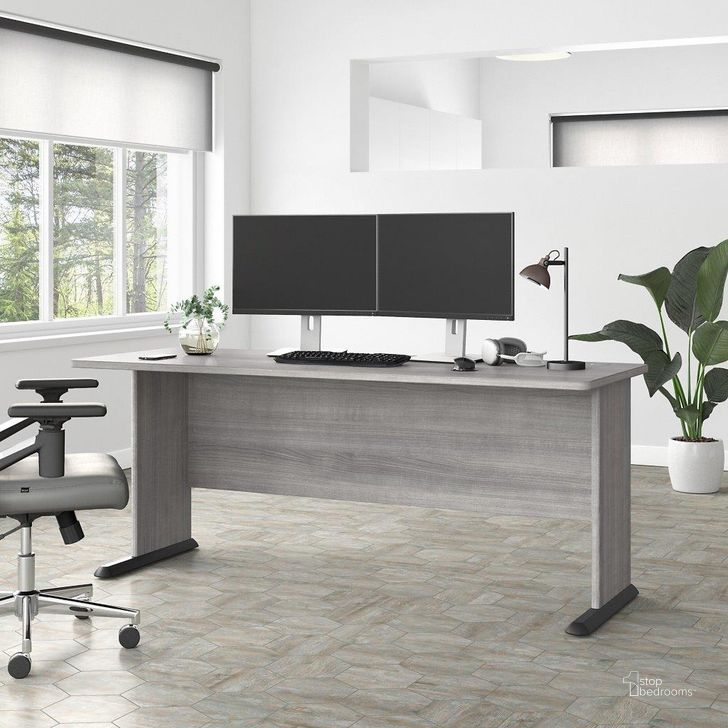 The appearance of Bush Business Furniture Studio A 72W Computer Desk in Platinum Gray designed by Bush Furniture in the modern / contemporary interior design. This gray piece of furniture  was selected by 1StopBedrooms from Studio A Collection to add a touch of cosiness and style into your home. Sku: SDD172PG. Product Type: Computer Desk. Image1