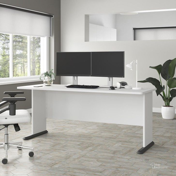 The appearance of Bush Business Furniture Studio A 72W Computer Desk in White designed by Bush Furniture in the modern / contemporary interior design. This white piece of furniture  was selected by 1StopBedrooms from Studio A Collection to add a touch of cosiness and style into your home. Sku: SDD172WH. Product Type: Computer Desk. Image1