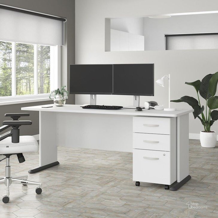 The appearance of Bush Business Furniture Studio A 72W Computer Desk with 3 Drawer Mobile File Cabinet in White designed by Bush Furniture in the transitional interior design. This white piece of furniture  was selected by 1StopBedrooms from Studio A Collection to add a touch of cosiness and style into your home. Sku: STA004WHSU. Product Type: Computer Desk. Image1