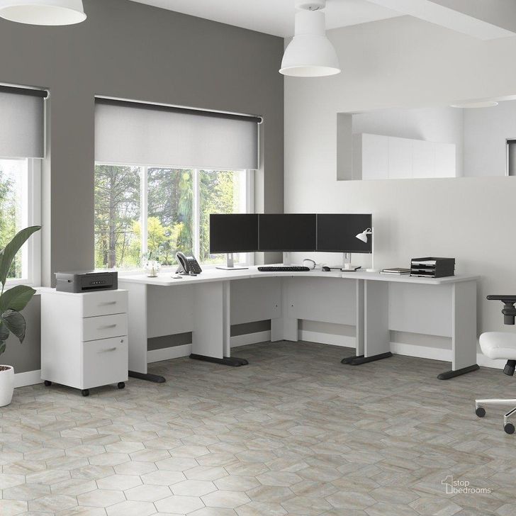 The appearance of Bush Business Furniture Studio A 83W Large Corner Desk with 3 Drawer Mobile File Cabinet in White designed by Bush Furniture in the modern / contemporary interior design. This white piece of furniture  was selected by 1StopBedrooms from Studio A Collection to add a touch of cosiness and style into your home. Sku: STA003WHSU. Product Type: Corner Desk. Image1