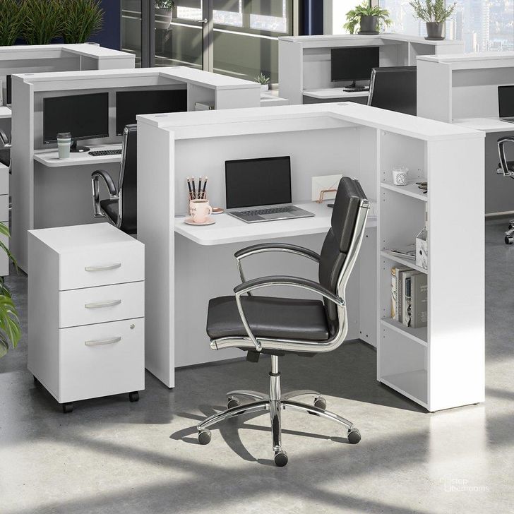 The appearance of Bush Business Furniture Studio C 48W Cubicle Desk with Shelves and Mobile File Cabinet in White designed by Bush Furniture in the transitional interior design. This white piece of furniture  was selected by 1StopBedrooms from Studio C Collection to add a touch of cosiness and style into your home. Sku: STC061WHSU. Product Type: Desk. Image1
